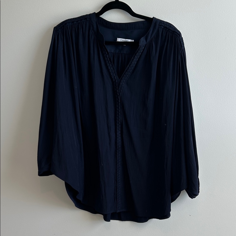 Chico's Navy Mandarin Collar Blouse, Size 3 (16)